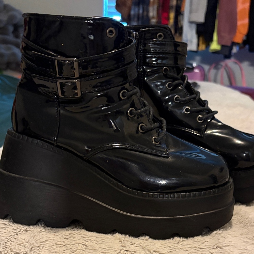 Black Patent Platform Combat Boots - Women's - Picture 2 of 6